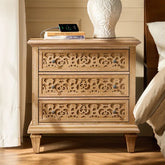 Indian Hand Carved  3- Drawer Solid Wood Bedside Table    09